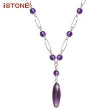 

iSTONE 100% Natural Gemstone Necklace Fine Steel Chain Water Drop Shape Pendant Necklaces With Amethyst Fine Jewelry for Woman