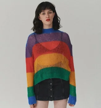 

2019 Casual Streetwear Rainbow Striped Women Thin Kintted Sweater and Pullovers Long Sleeve Female Jumper Autumn Winter Clothing