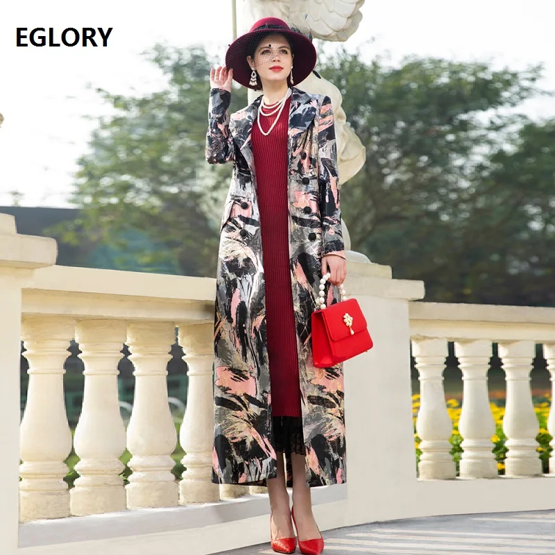 

X-Long Coat Outerwear 2019 Autumn Winter Casual Windbreaker Women Golden Jacquard Print Double Breasted Coat Overcoats Plus Size