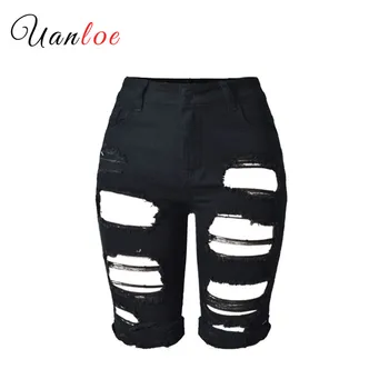 

2019 Fashion Plus Size Knee Length Black Shorts Women Vintage White Denim Short Jeans Ripped High Waisted Shorts Femme