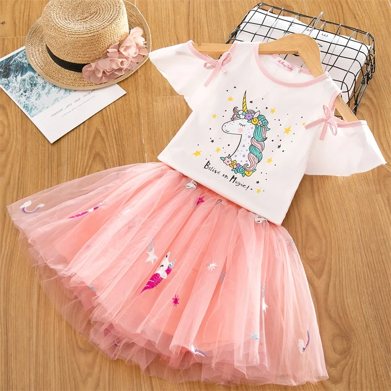 Г., Модный комплект одежды для девочек, топы с изображением лебедя+ платье-пачка со звездами с блестками комплекты из 2 предметов летние праздничные платья принцессы для детей