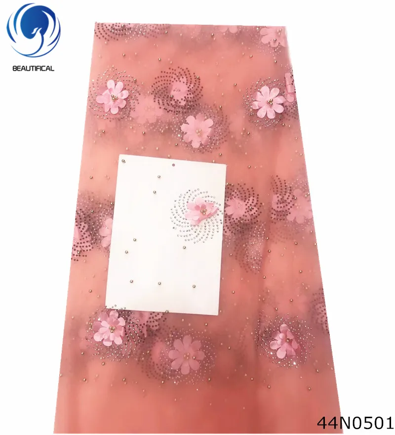 

Beautifical 3d wedding lace 3d net lace 3d embroidery net fabric with rhinestones and gold beads flower embroidered fabric 44N05