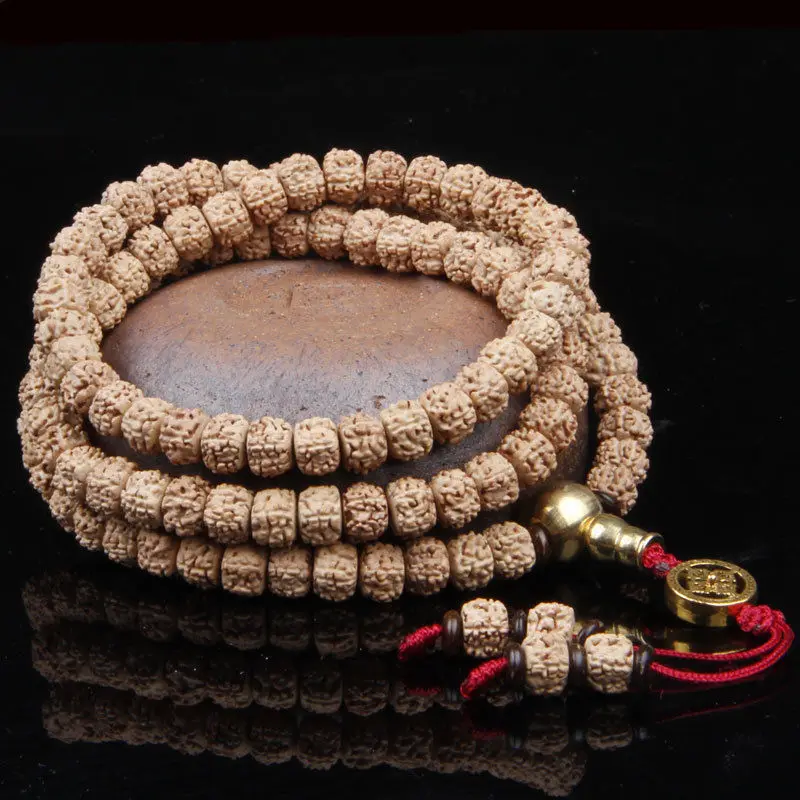 

6x8mm Tibetan Buddhism 108 five petal Rudraksha Seeds Prayer Bead Mala Necklace