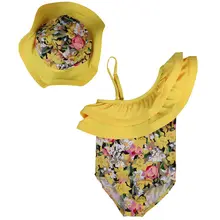 Летний детский гимнастический костюм с цветочным рисунком на одно плечо для новорожденных девочек; комплекты с шапками; пляжный купальный костюм с желтыми оборками; купальная одежда