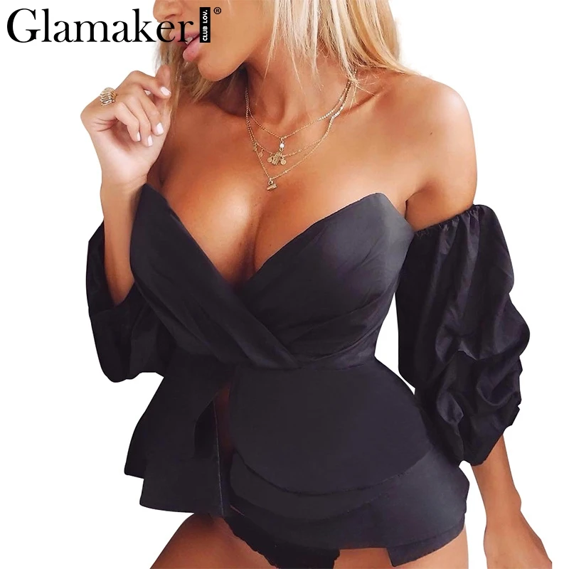 Image Glamaker Sexy off shoulder ruffle blouse shirt Fitness elegant  backless blouse blusas Spring slim beach women tops