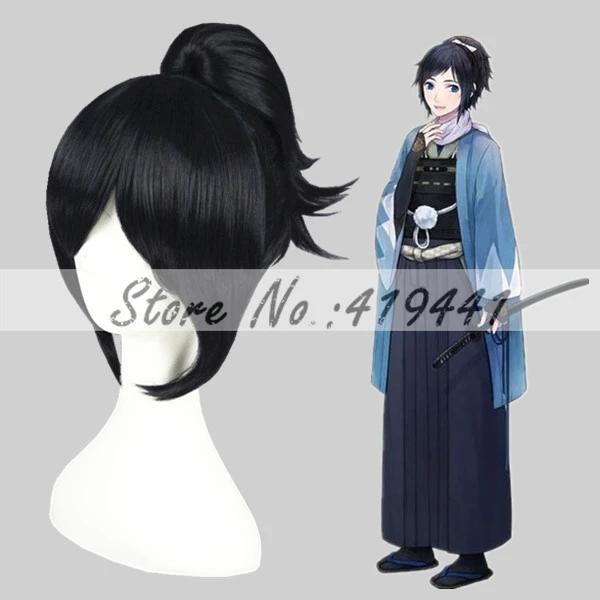 

Free Shipping 32cm Short yamatonokami yasusada Wig Cosplay Black and Blue Mixed Synthetic Anime Ponytail Wig Cosplay Hair Wig