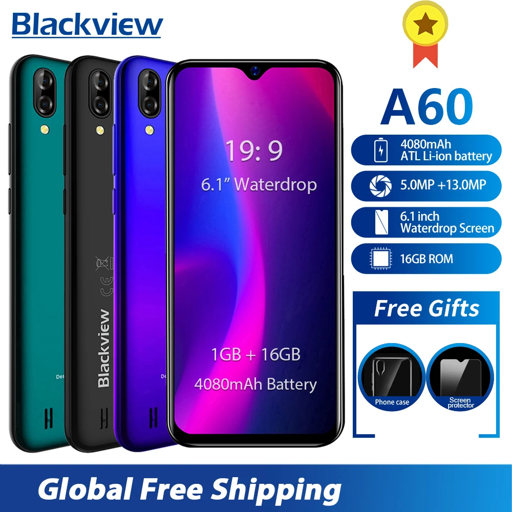 Blackview A60 Android 8,1 4080 мАч смартфон сотовый телефон 13 МП камера заднего вида 6," экран капли мобильный телефон MT6580 четырехъядерный