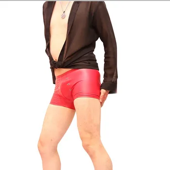 

2019 Men Sexy Smooth Shorts Faux Leather Tight Trunks Low Waist Boxer New