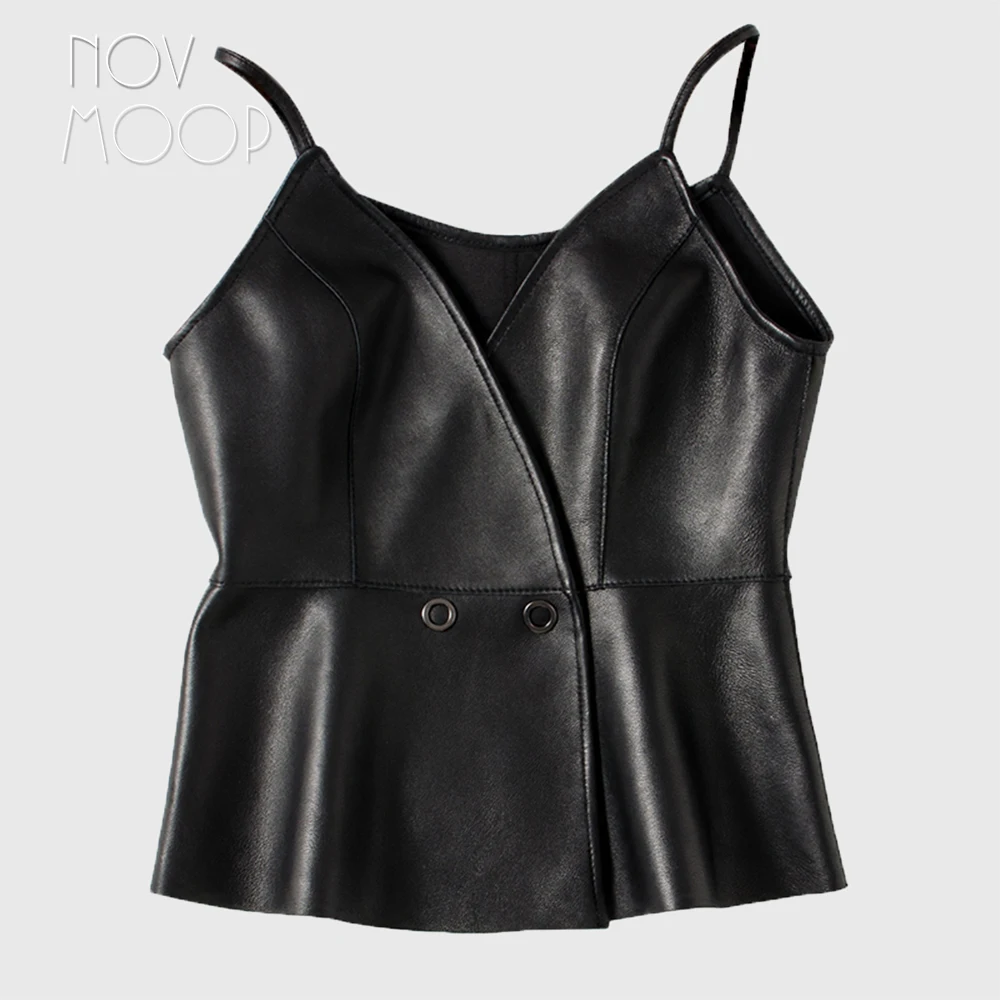 

Ins fashion black solid genuine leather real lambskin camis tank women leather cropped tops ruffles hem outwear roupa LT2380