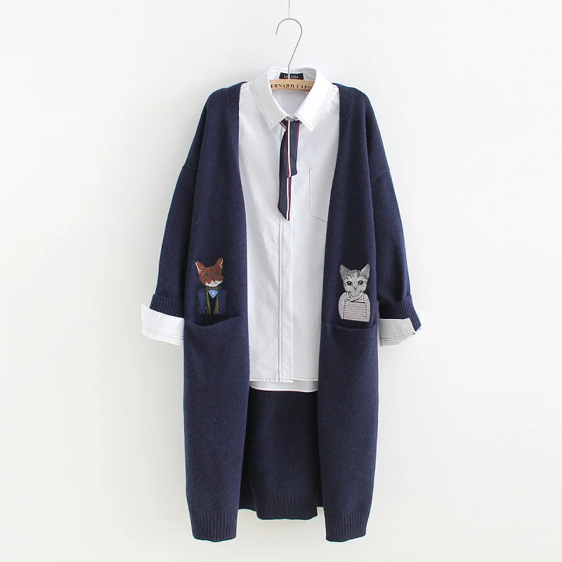 

mori girl 2019 autumn winter Double pocket cat embroidery Cardigan sweaters