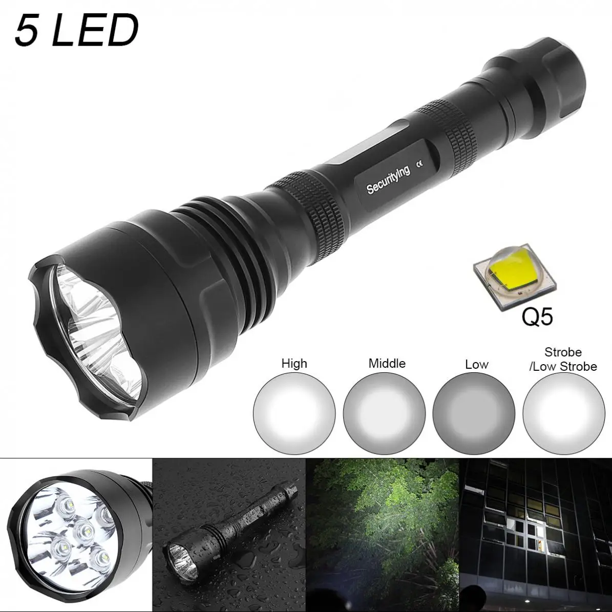 

SecurityIng 5000LM 10WQ5 LED Flashlight with 300M Range and 5 Modes Light Support 18650 Rechargeable Battery