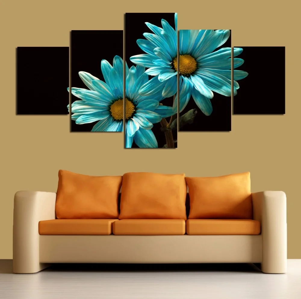 Unframed Blue Gerbera Painting 5 Panels Modern Wall Art On Canvas Beautiful Flower Printing Prints Poster | Дом и сад