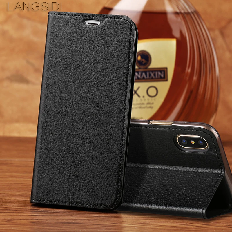 

wangcangli Case For iPhone 8 Handmade Genuine Leather Wallet Flip Cover Card Slot Business Holster small litchi texture