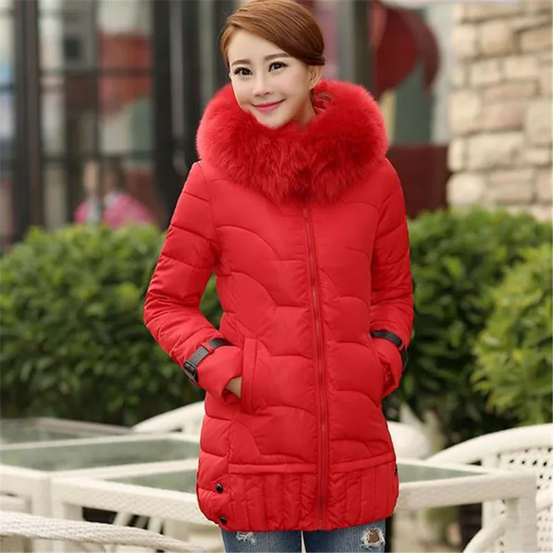 

L-4XL 2016 New Women Winter Down Cotton Coat Female Long Slim Thicken Jacket Fur Collar Hooded Outwear 5 Colors Parka ZS161