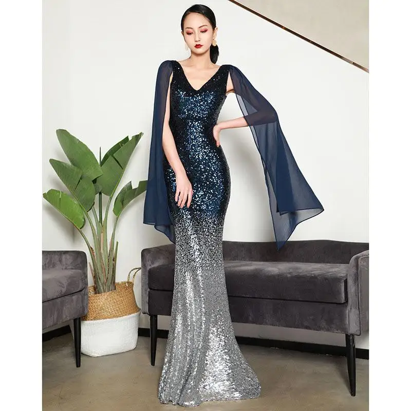 Sexy Celebrity Maxi Dresses Sequins Women Robe De Soiree Elagant Bling Trumpet Dress Evening Gown Luxury Abendkleider - Цвет: Blue gradient long