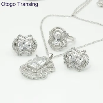 

Otogo Transing Silver Color Romantic Geometric Shaped Jewelry Sets Whtie crystal AAA Zircon For Necklace/Earring/Ring S187