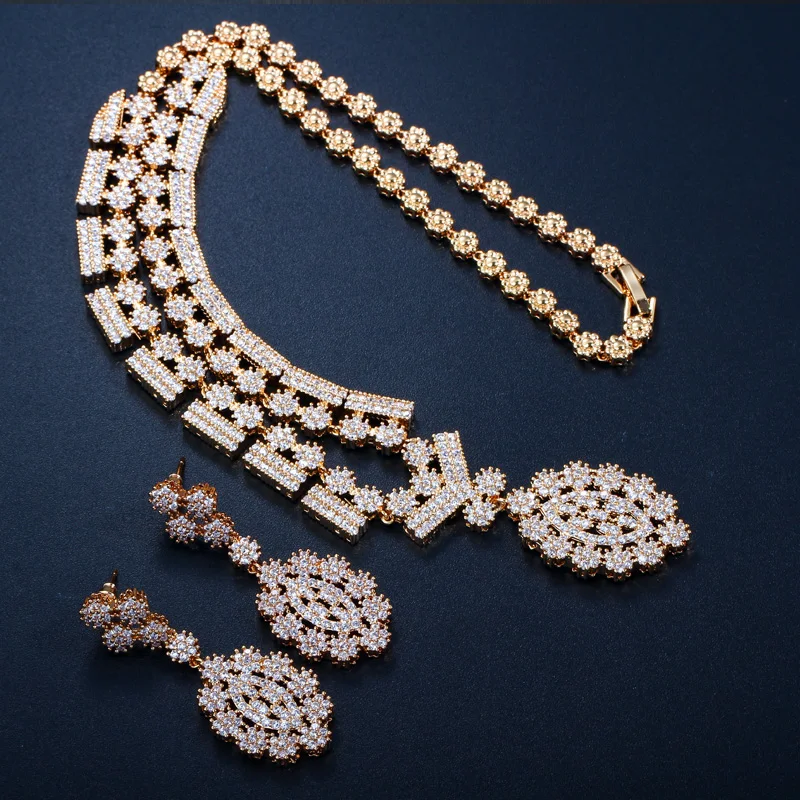 CWWZircons Full African CZ Crystal Bridal Wedding Necklace Earrings Dubai Gold Color Costume Jewelry Sets for Women T106|Ювелирные