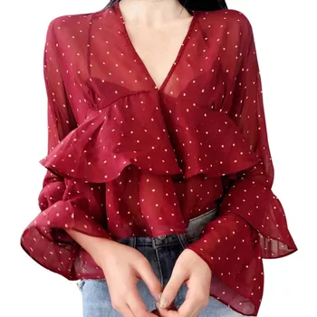 

Korean Summer Blouse Woman Spring V-Neck Ruffles Perspective blusas Dot Print Long Sleeve Womens Tops Blouses Clothing