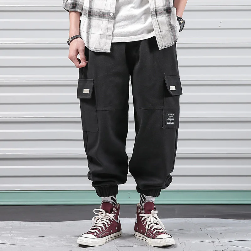 Men Multi-pocket Elastic Waist Design Harem Pants Loose Street Punk Hip Hop Black Casual Trousers Joggers Male Cargo Pants 5XL