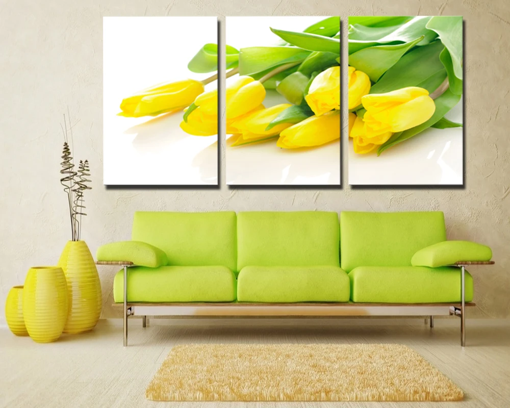 3 panel large modern wall art yellow tulip flowers home decoration