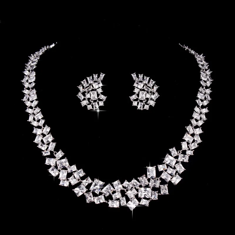 

Luxury Countless and Irregular Square CZ Cubic Zirconia Crystal Tennis Necklace and Earring Wedding Jewelry Set in Silver Color