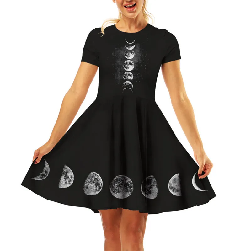 Черные платья женские модные готические 3D Moon Phase с коротким рукавом ТРАПЕЦИЕВИДНОЕ ПЛАТЬЕ Harajuku мини-платье