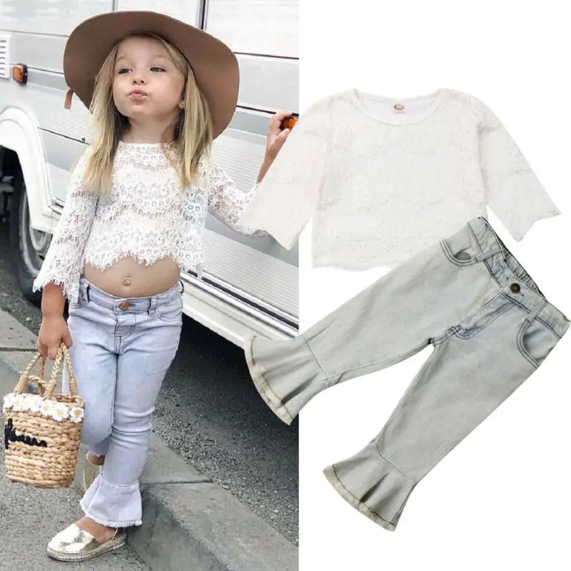 

2019 Fashion Toddler Baby Girls Clothes Lace Top Shirt +Denim Flared Pants Outfit Set