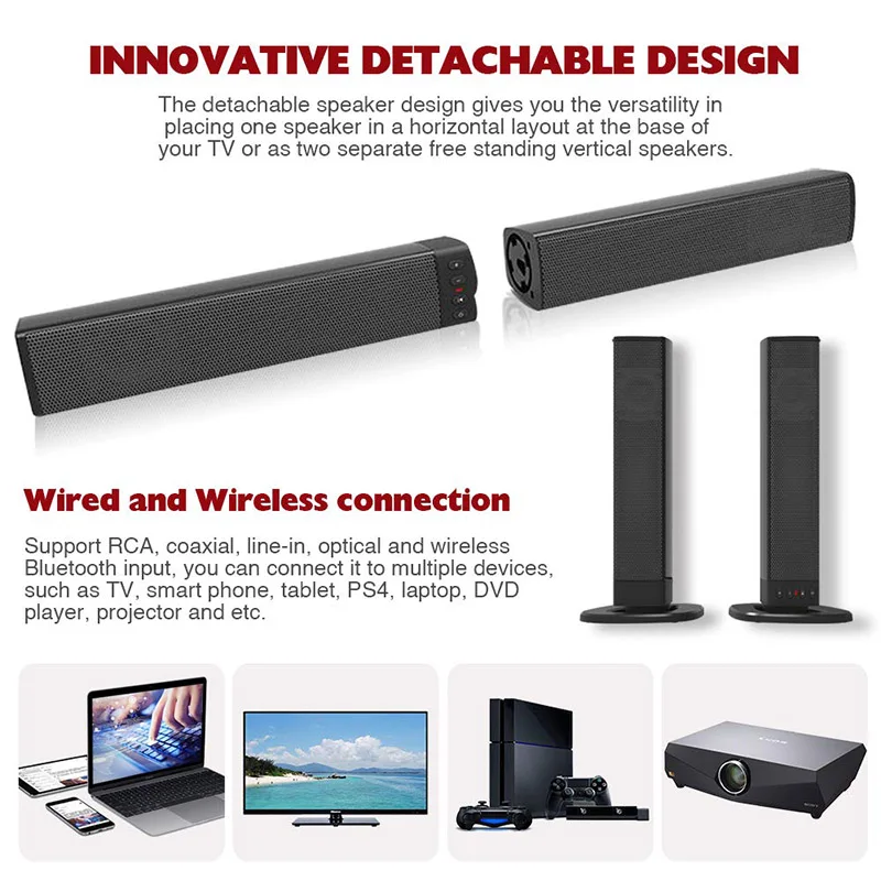 Separable Bluetooth Speaker, Surround Sound System, Soundbar with Subwoofer, Wired and Wireless Home Theater Speakers for TV PCs