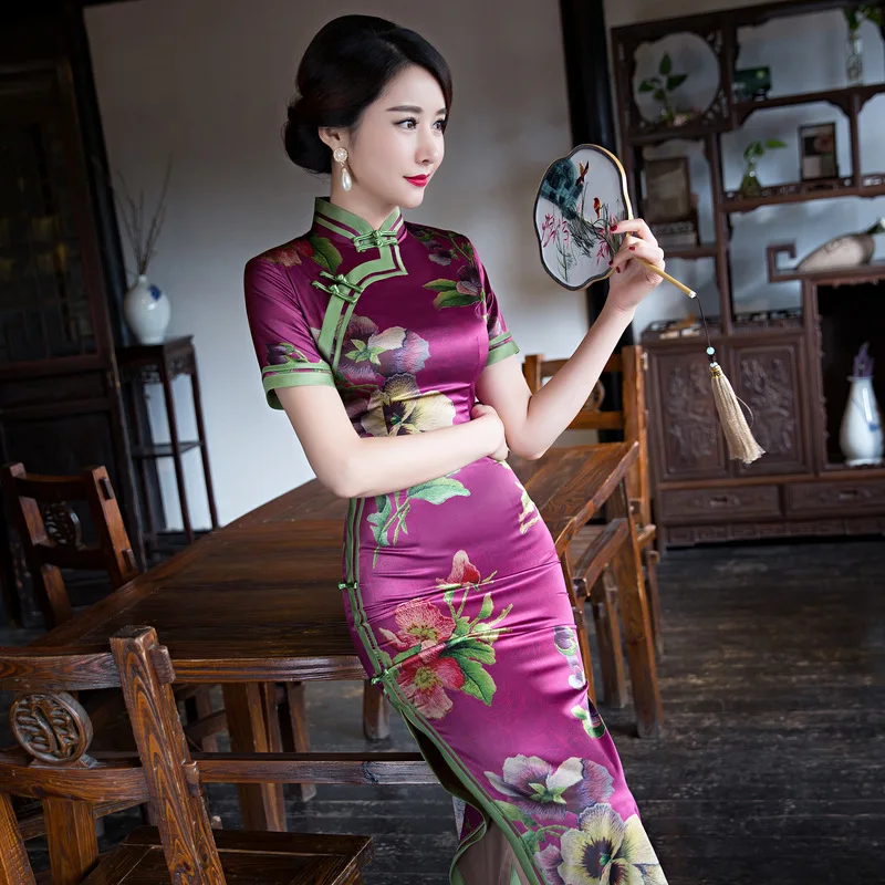 Sheng Coco 4XL фиолетовый Qipao цветы платья традиционная китайская леди длинное шелковое вечернее платье фиолетовое парча Новинка Cheongsam