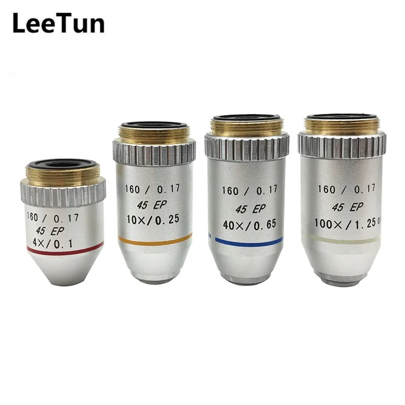 

4X 10X 40X 100X 195 mm Conjugate Distance HD Achromatic Objective Lens for Biological Microscope 160 / 0.17 45EP