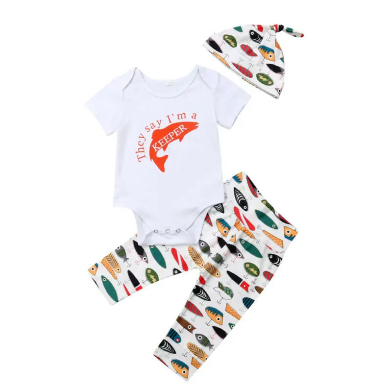 

Newborn Baby Boy Short Sleeve Romper Fish Keeper Letter Print Jumpsuit+Pants Legging Fish Summer Clothes Outfit Set