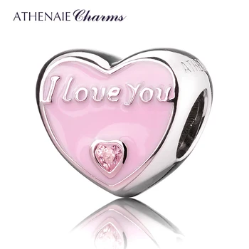 

ATHENAIE 925 Sterling Silver Romantic Pink Enamel CZ I Love You Everyday Charm Beads Fit All European Bracelets Necklace
