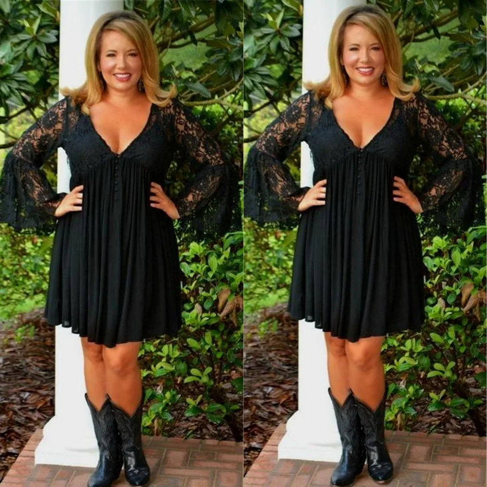 

Summer Women's Short Sleeve V-neck Lace Trumpet Sleeve Splicing Cutout Sexy Solid Color Pleated High Waist Sexy Dress