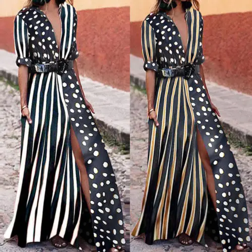 

Womens Button Polka Dots Patchwork Maxi Long Dresses Ladies Autumn Long Sleeve Long Dresses
