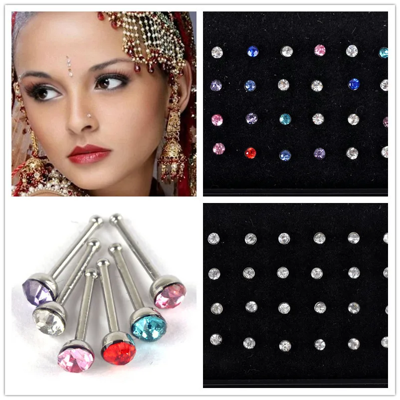 Wholesale 24pcs Crystal Nose Stud Ring Bar 316L Stainless Surgical