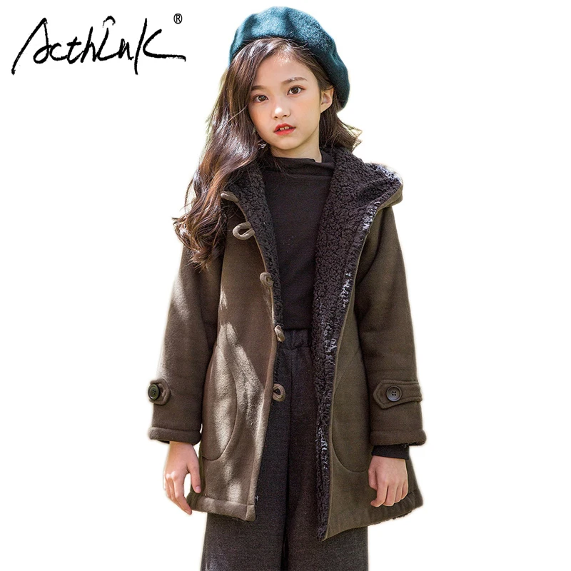 

ActhInK Kids Winter Warm Coat Girls Cotton-Padded Overcoat Children Winter Long Type Woolen Jackets Girls Princess Design Coat