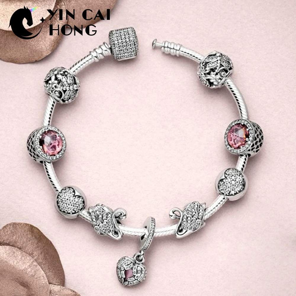 

YCH 100% 925 Sterling Silver Butterfly Radiant Hearts Beads Majestic Swan Charm ANGEL WINGS LOCKET HANGING CHARM Bracelet Set