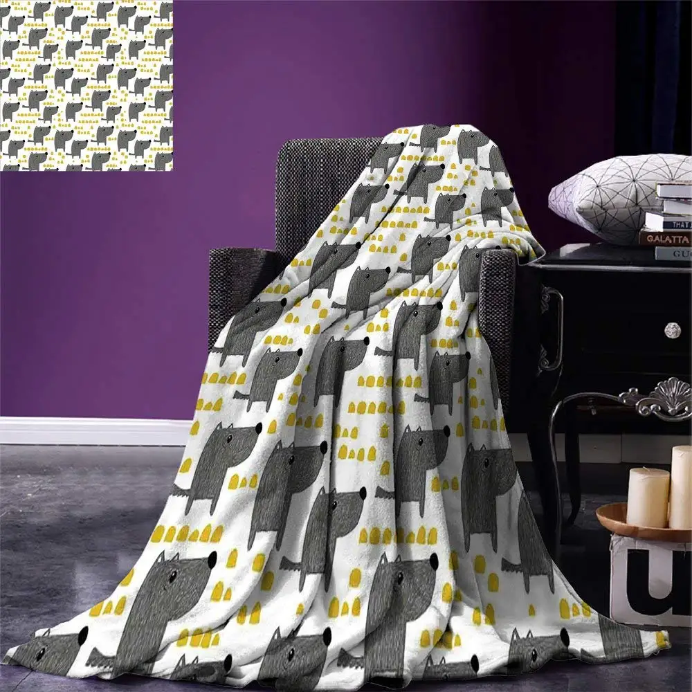 

Dog Throw Blanket Sketch Style Canine with Abstract Yellow Toned Dots Greyscale Cartoon Pets Warm Microfiber