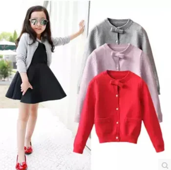 

Children Wear Knit Cardigan Spring Autumn Warm Round Neck Long Sleeve Pockets Girl Sweater Bow Single-breasted Outwear Vetement