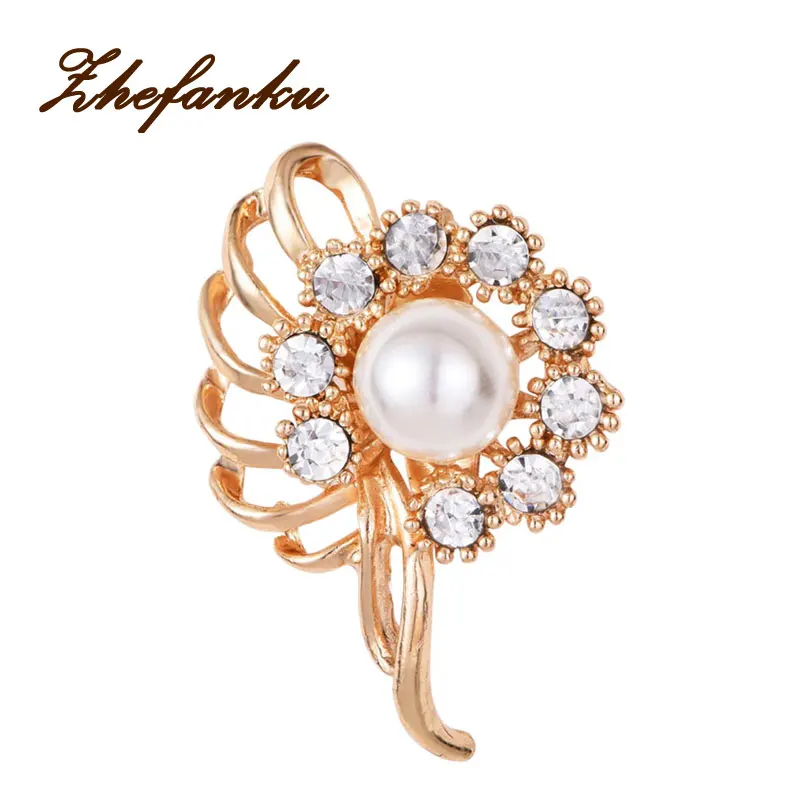 

Gold Color Simulated Pearl Flower Brooches Rhinestone Scarf Buckles Corsage Exquisite Pins For Woman
