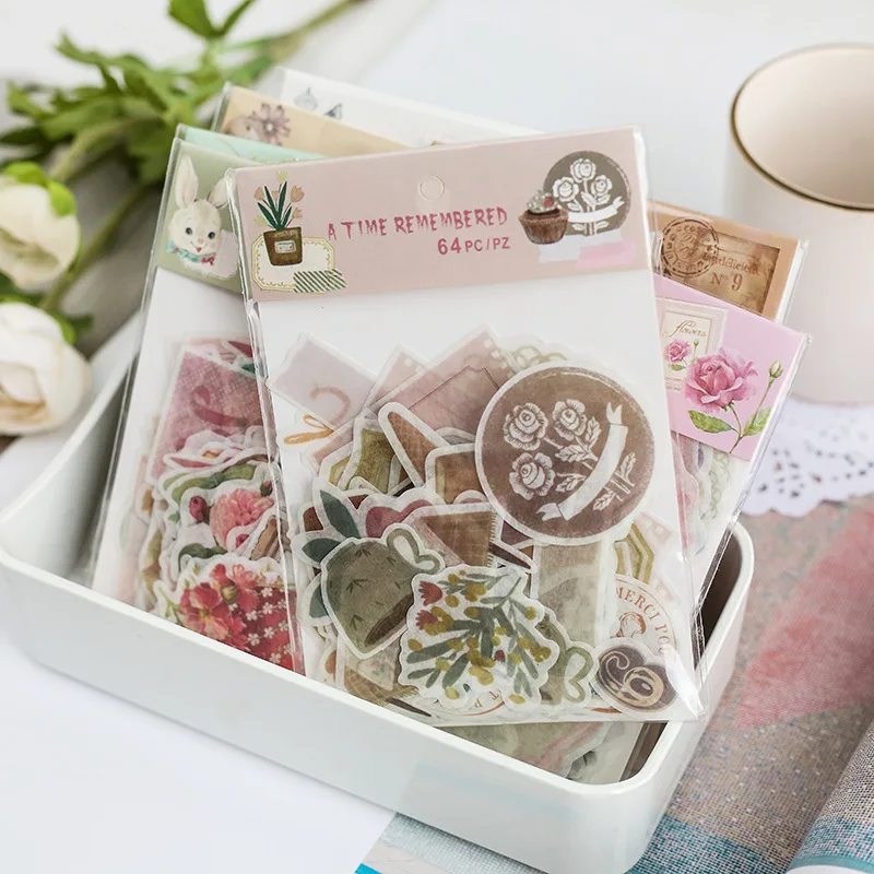 64pcs/lot Journal Japanese Paper Flower Vintage Calendar Coffee Decorative Diary Cute Stickers Scrapbooking Flakes Stationery