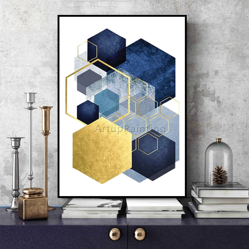 Geometric Gold Blue Acrylic Morden Abstract Painting on Canvas Hand Painted Wall Art Pictures for Living Room Home Decoracion