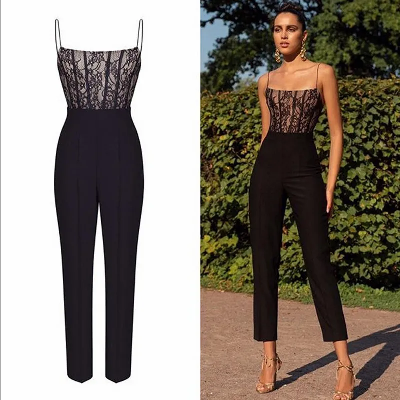 

Womens Casual Lace Sleeveless Tops Jumpsuit Black slim strappy Jumpsuit Ladies Evening Party club Long Playsuit lady streetwear
