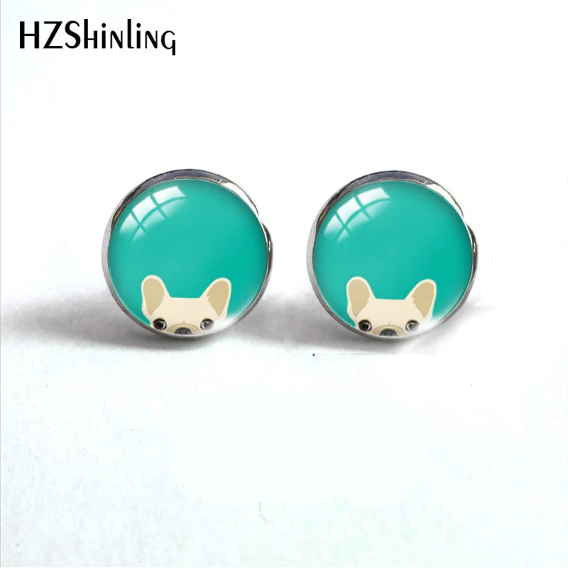 

HZSHINLING Colorful Glass Stud Earrings Dog French Bulldog Art Picture round Glass for women handmade Crafts Gifts