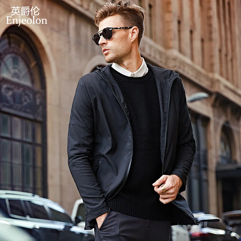 

Enjeolon Brand Hooded Casual Hooded Jackets Coat Men Black Solid Men Windbreak Jacket Hoodies Jacket Men Cool Clothes WT0228