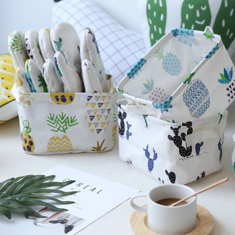 

Cotton Linen Storage Basket Pineapple Cactus Pattern Office Desktop Organizer Case Jewelry Cosmetic Holder Folding Storage Box