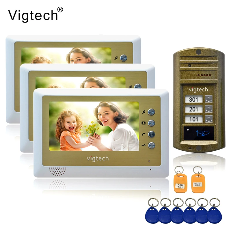 Vigtech 7'' color video door phone 3 monitors with 1 intercom doorbell can control 3 houses for multi apartment RFID Camera