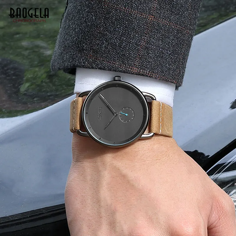 Baogela мужские повседневные часы с серым кожаным ремешком, простые кварцевые наручные часы, водонепроницаемые минималистичные часы Relogios Masculinos 1806G-Gray