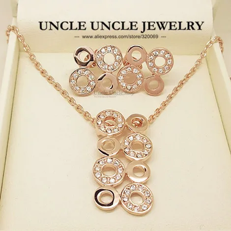 

Beautiful Rose Gold Color Classic Circles Element Rhinestones Setting Lady Jewelry Set Earrings/Necklace Wholesale