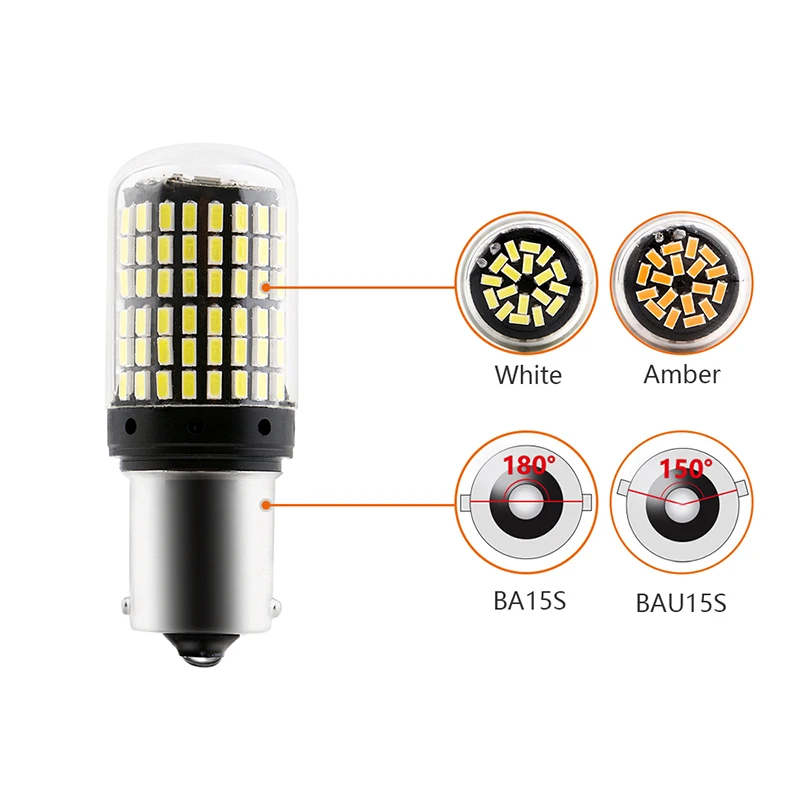 2pcs No Hyper Flash PY21W BAU15S 1156 BA15S T20 7440 W21W Canbus 144 SMD 3014 chip Turn Signal Lights Brake lamp Amber White  (3)